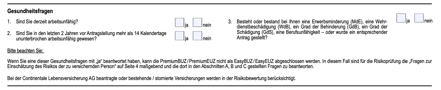 Abbildung der vereinfachten Gesundheitsfragen der Continentale für die Beitragsbefreiung bei Berufsunfähigkeit in der Rentenversicherung.