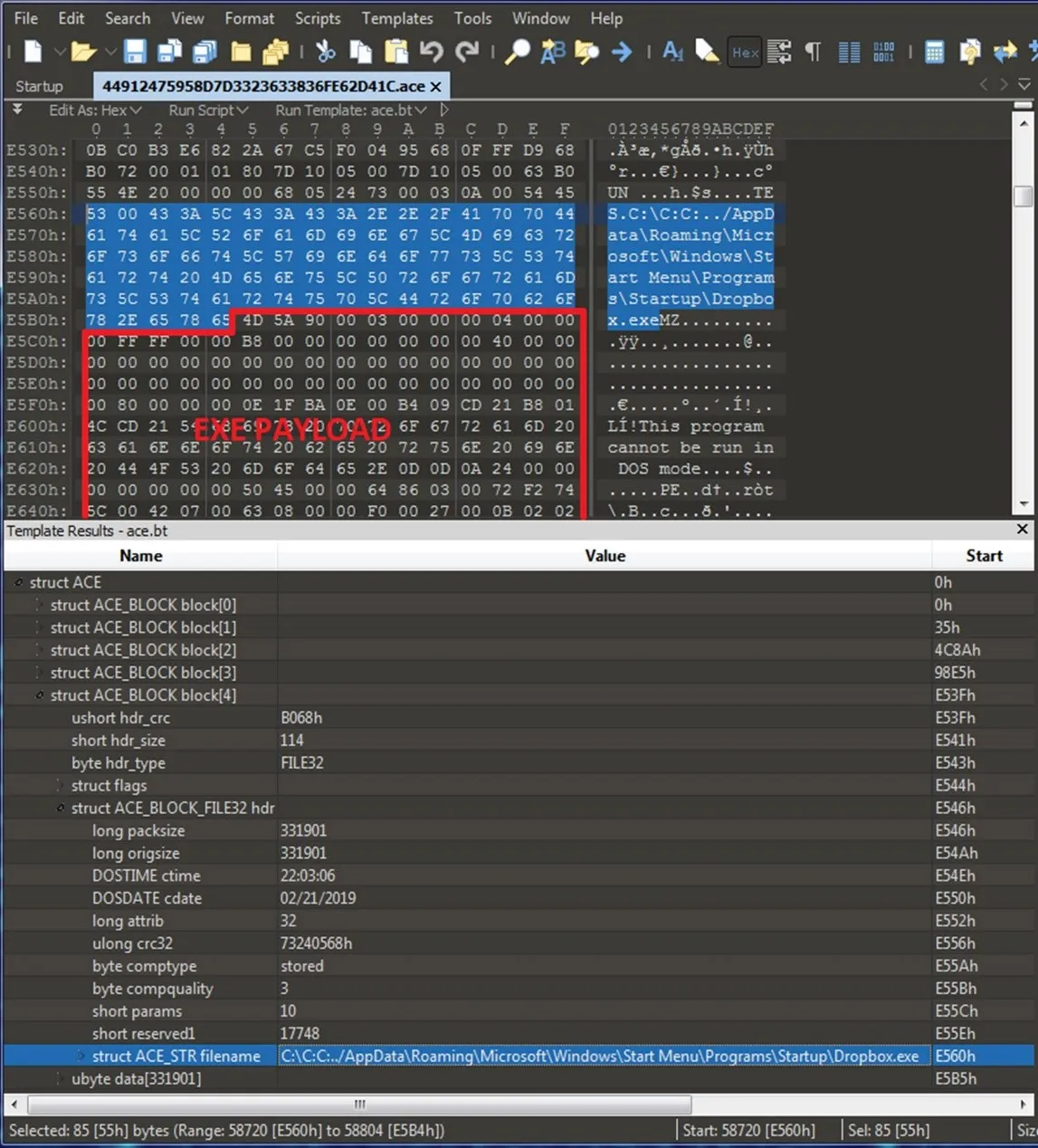 ACE-Datei mit CVE-2018-20250 Exploit.