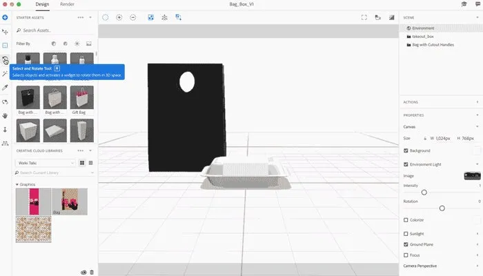Adobe Dimension Auswahl- und Rotationswerkzeug mit hervorgehobener Rotationssphäre