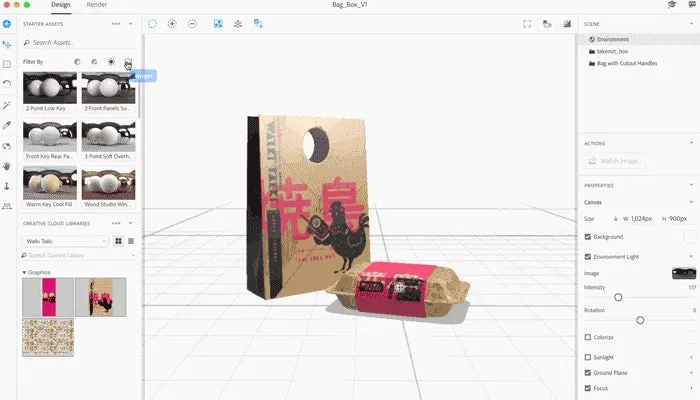 Adobe Dimension Hintergrund- und Umgebungseinstellungen mit verschiedenen Optionen