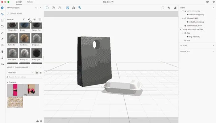 Adobe Dimension Materialien Bedienfeld mit verschiedenen Oberflächenoptionen