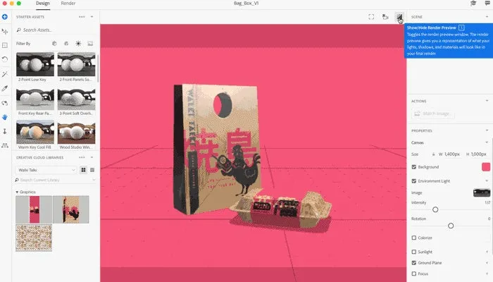 Adobe Dimension Render-Vorschau mit Anzeige von Lichtern und Schatten