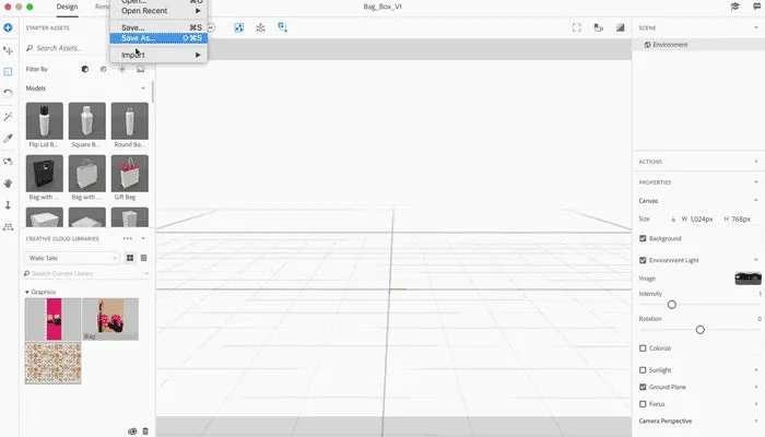 Adobe Dimension Szene mit importierten 3D-Modellen einer Take-out-Box und einer Papiertüte