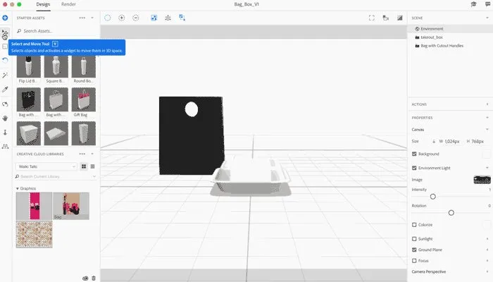 Adobe Dimension Werkzeugbedienfeld mit hervorgehobenen Werkzeugen