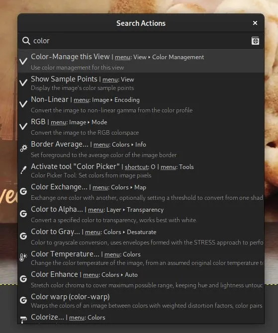 Aktionensuche-Dialog in GIMP 2.99.16 zeigt Menüpfade für verbesserte Navigation an.