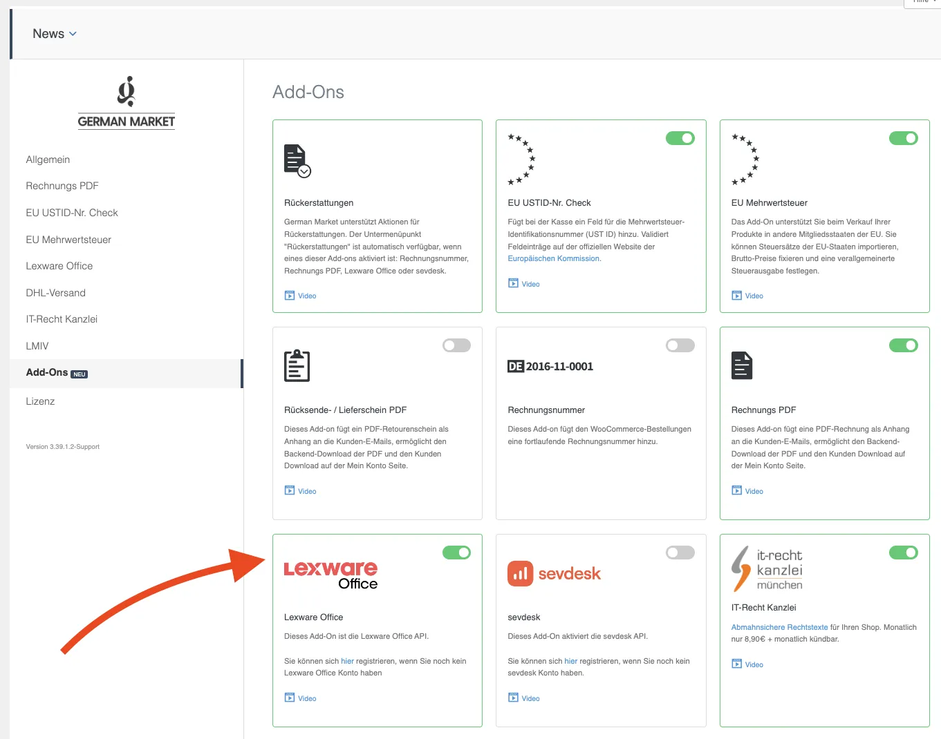 Aktivierung des Add-Ons Lexware Office