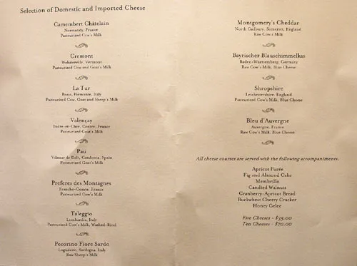 Alex Restaurant Käsekarte