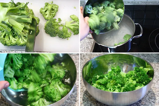 Alle frischen Zutaten für das Lachs- und Brokkoli-Puffer-Rezept: Lachsfilets, Brokkoli, Parmesan, Ei, Knoblauch, Zitrone