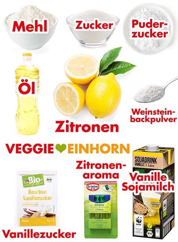 Alle Zutaten für einen veganen Zitronenkuchen auf einem Holztisch: Mehl, Zucker, Backpulver, Vanillezucker, Salz, Sojamilch, Öl und frische Zitronen.