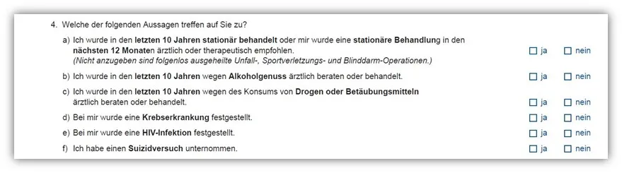 Allianz DLVAG Risikolebensversicherung Gesundheitsfragen – Frage 4
