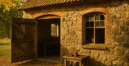 Alte Schmiede in Sankelmark mit offener Tür und Werkzeug