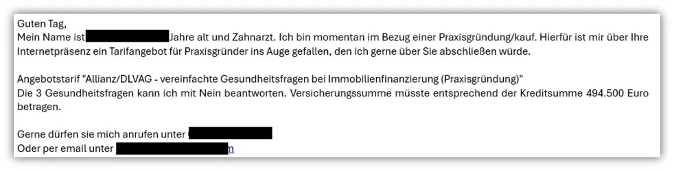 Anfrage Beispiel 2 für Risikolebensversicherung Beratung