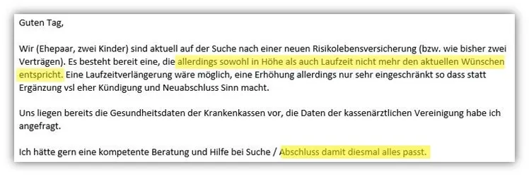 Anfrage einer Kundin zum Online-Abschluss einer Risikolebensversicherung