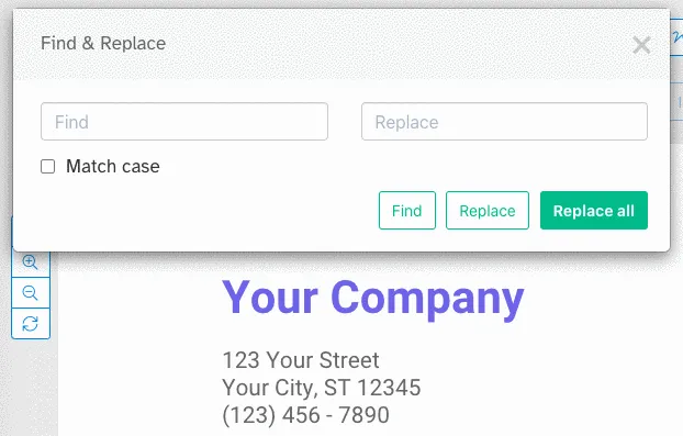 Animierte Darstellung: Text in PDF suchen und ersetzen – Suchfeld und Ersetzungsoptionen.