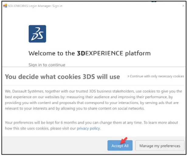 Anmeldebildschirm der 3DEXPERIENCE Plattform zur Verbindung mit SOLIDWORKS, wichtig für 3DXML SOLIDWORKS Projekte.