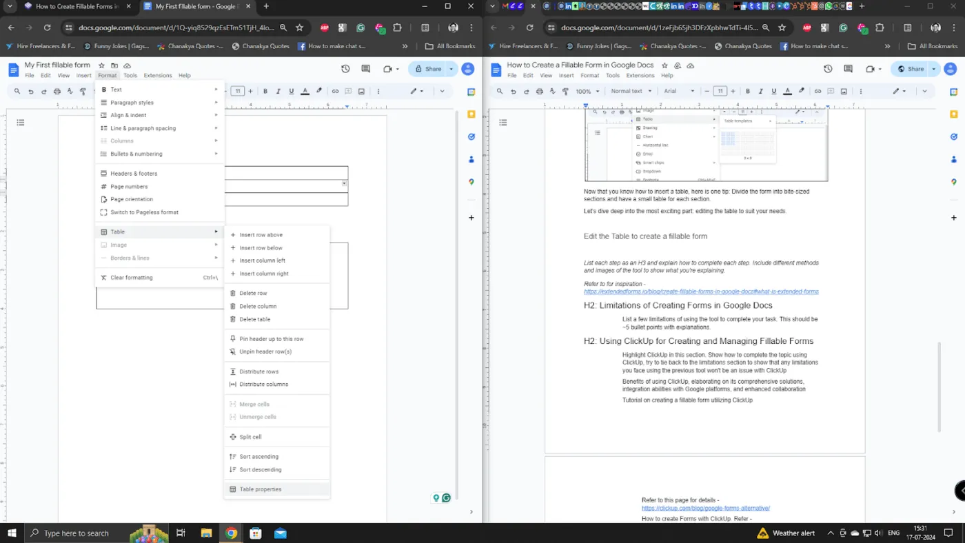 Anpassung der Tabelleneigenschaften in Google Docs zur Gestaltung von Formularfeldern