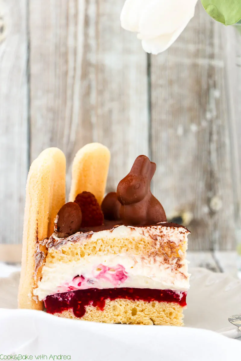 Anschnitt einer frühlingshaften Himbeer-Sahne-Torte, sichtbar sind die saftigen Biskuitböden und die fruchtige Himbeerschicht.