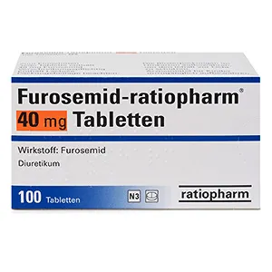 Ansicht der Furosemid 40mg Tablettenpackung, ein Diuretikum zur Wasserableitung.