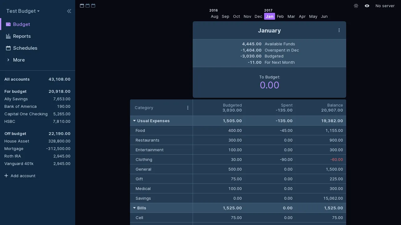 Ansicht des Hauptbudgets in Actual Budget im dunklen Modus, übersichtlich und benutzerfreundlich gestaltet