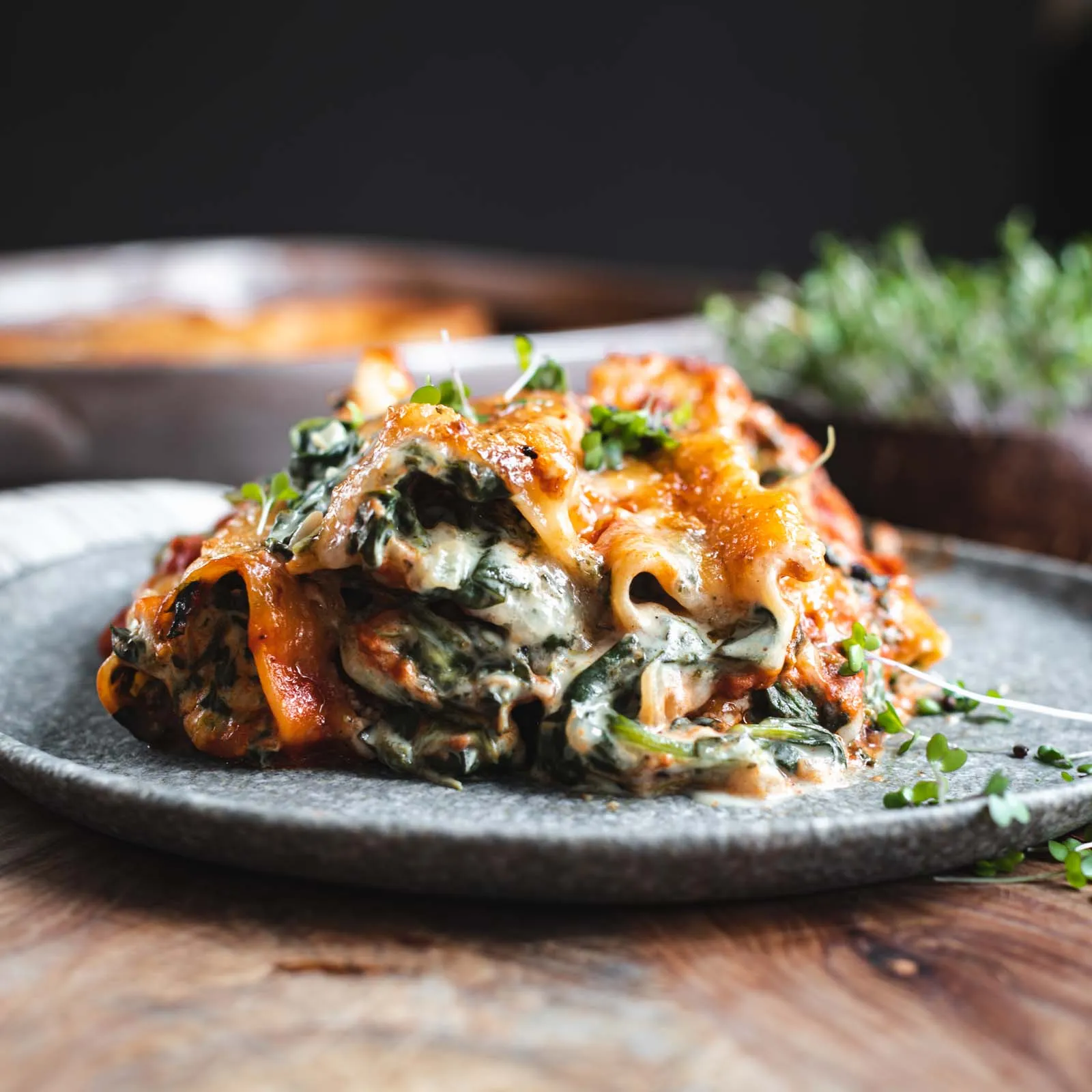 Ansicht von oben auf eine Auflaufform voller veganer Spinat-Cannelloni