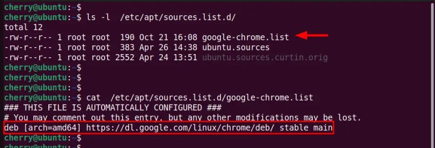 Anzeige der Google Chrome Repository Sources.list Datei