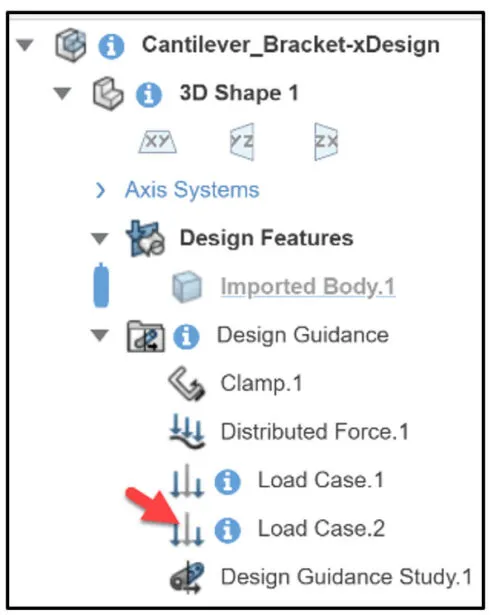 Anzeige des Lastfalls 2 im Design Manager von SOLIDWORKS xDesign.