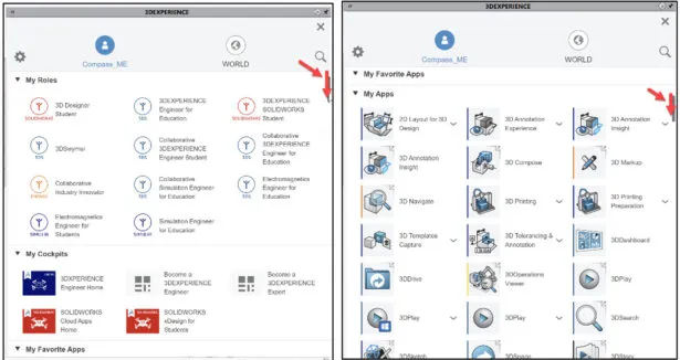 Anzeige weiterer Widgets und Apps durch Scrollen im 3DEXPERIENCE Kompass.