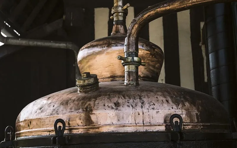 Äpfel und Calvados-Flaschen in einem ländlichen Setting