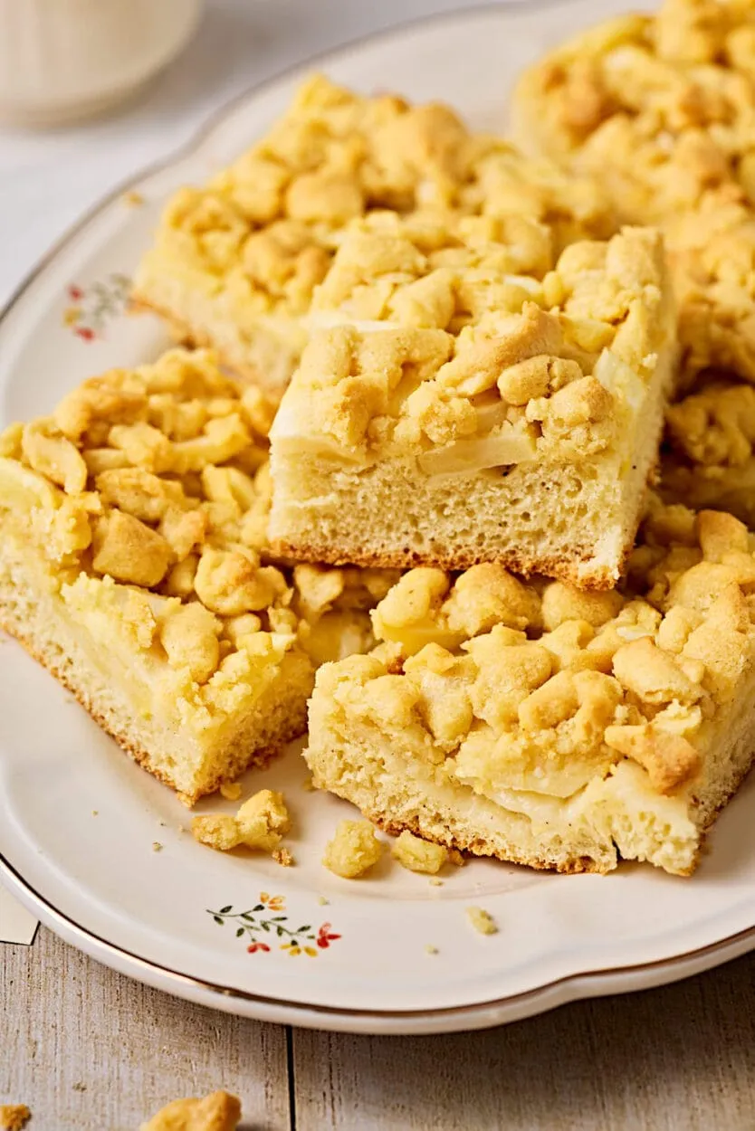 Apfelkuchen mit Hefeteig und Streusel auf einer Servierplatte.