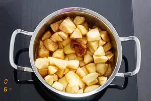 Apfelstücke zugeben und mit Apfelsaft ablöschen