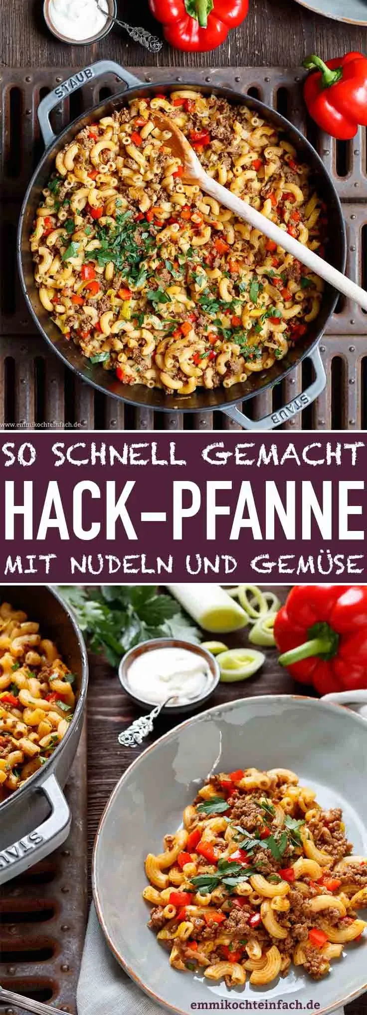 Appetitliche Hackpfanne mit Hörnchennudeln und Gemüse in einer Schüssel