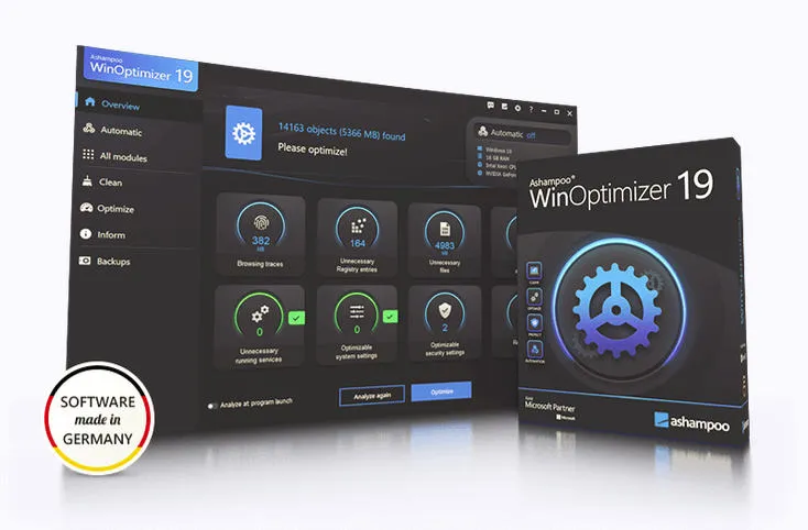 Ashampoo WinOptimizer 19 Benutzeroberfläche zeigt System-Optimierungstools
