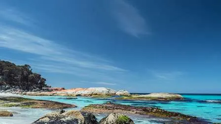 Atemberaubende Küstenlandschaft am Cosy Corner Beach in Tasmanien, Australien, mit türkisfarbenem Wasser, felsigen Ufern und üppiger Vegetation.