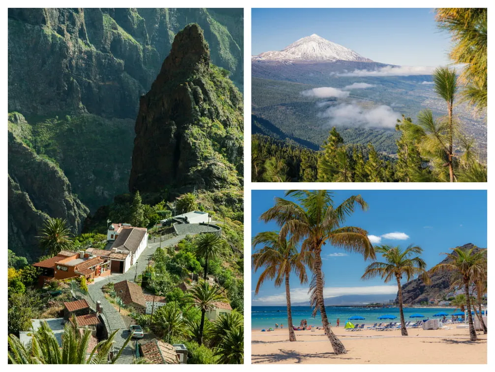 Atemberaubende Landschaften Teneriffas mit dem Teide und dem Strand Las Teresitas, ideal für günstige Reisen im Oktober