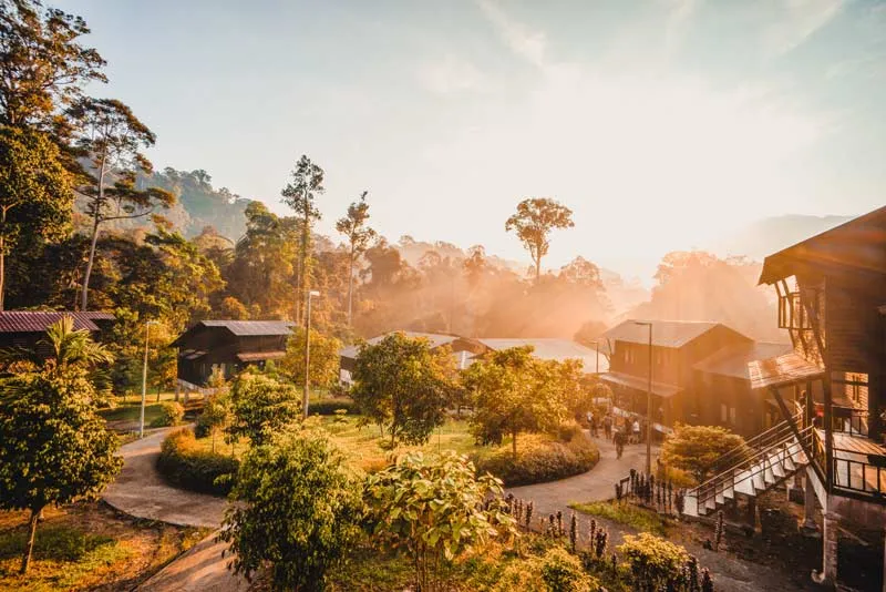 Atemberaubender Sonnenaufgang über dem alten Regenwald des Taman Negara Nationalparks in Malaysia im trockenen März