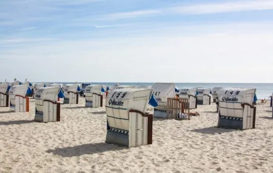 Aufgereihte Strandkörbe am Ostseestrand bei sonnigem Wetter
