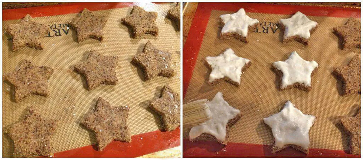 Auftragen der Eiweißglasur auf Zimtsterne mit einem Pinsel