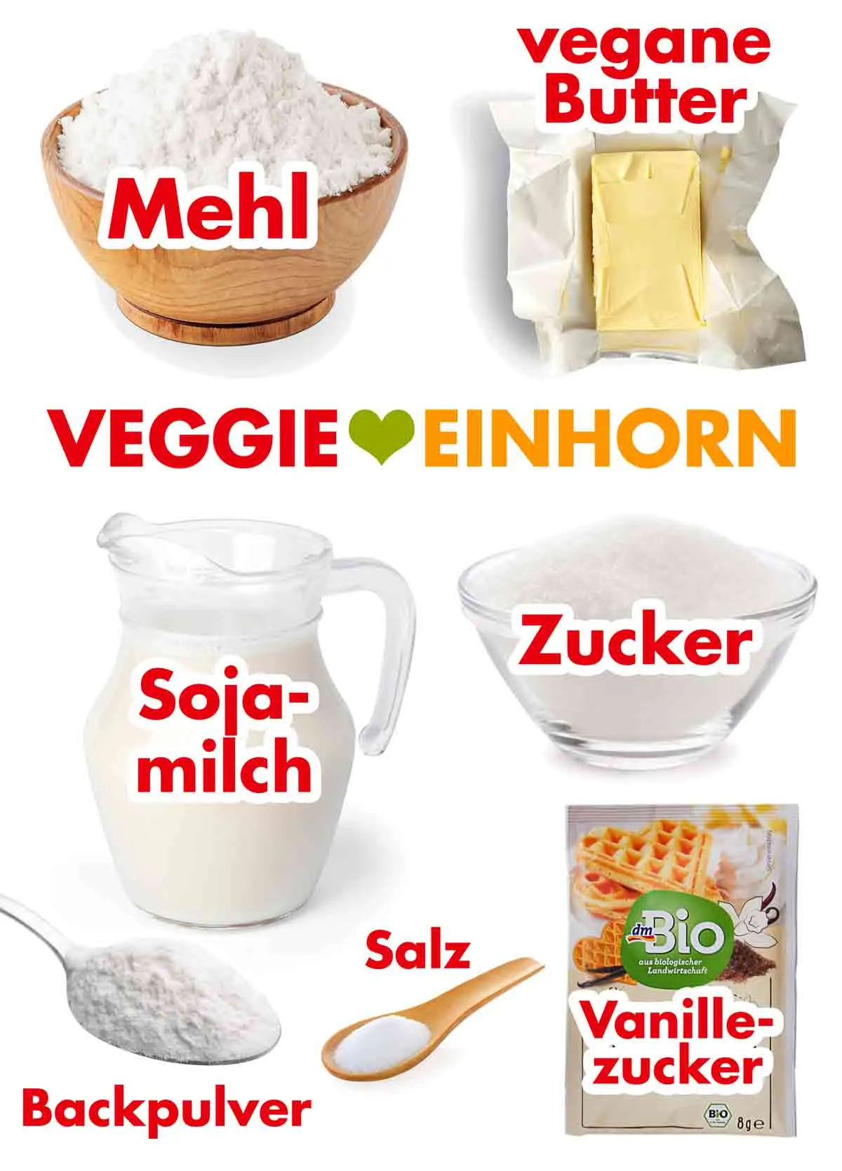 Ausgelegte Zutaten für fluffige Waffeln ohne Ei: Mehl, Zucker, Backpulver und vegane Milch auf einer Holzarbeitsplatte.