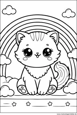 Ausmalbild Katze unter einem Regenbogen