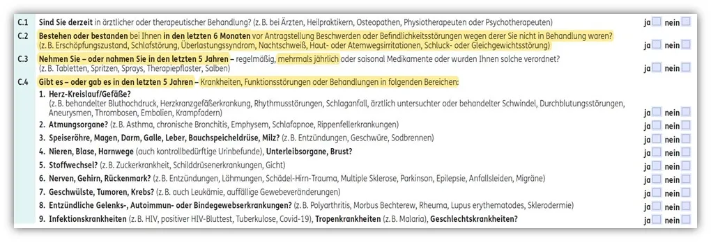 Ausschnitt aus dem Gesundheitsfragenkatalog der ERGO Risikolebensversicherung, Frage C.2 zu Beschwerden und Befindlichkeitsstörungen.