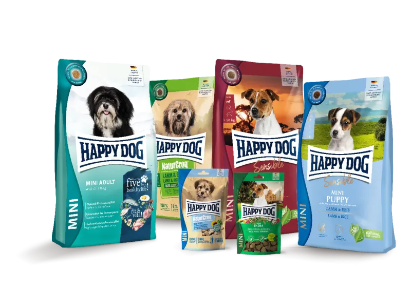 Auswahl an Happy Dog Mini Trockenfutter für verschiedene Bedürfnisse kleiner Hunderassen