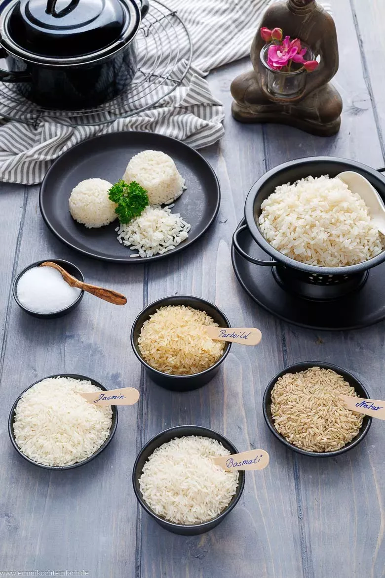 Auswahl an Reissorten wie Basmati-, Jasmin- und Vollkornreis für die Zubereitung