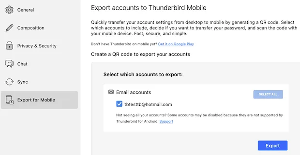 Auswahl der E-Mail-Konten für den Export aus Thunderbird Desktop zur mobilen App