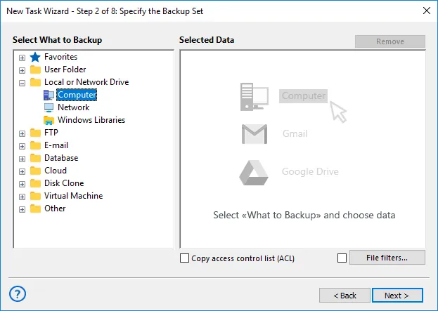 Auswahl des Computer-Plug-ins für Thunderbird-Backups
