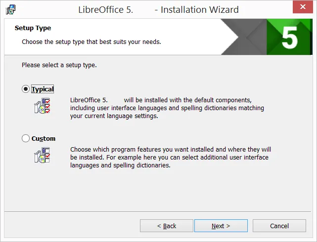 Auswahl des Installationstyps im LibreOffice Setup-Assistenten für Windows