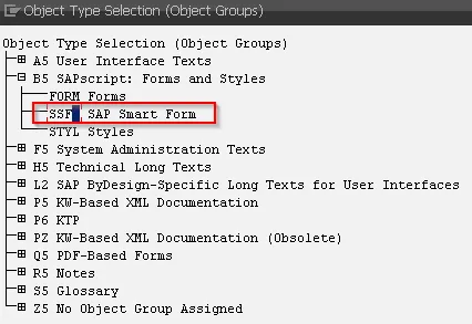 Auswahl des Objekttyps SSF (SAP Smart Forms) in Transaktion SE63
