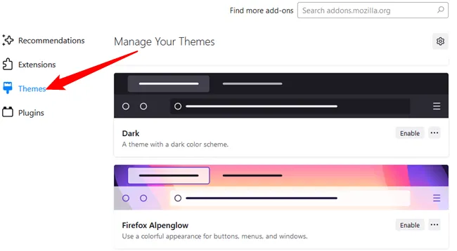 Auswahl des Themes-Abschnitts in Firefox