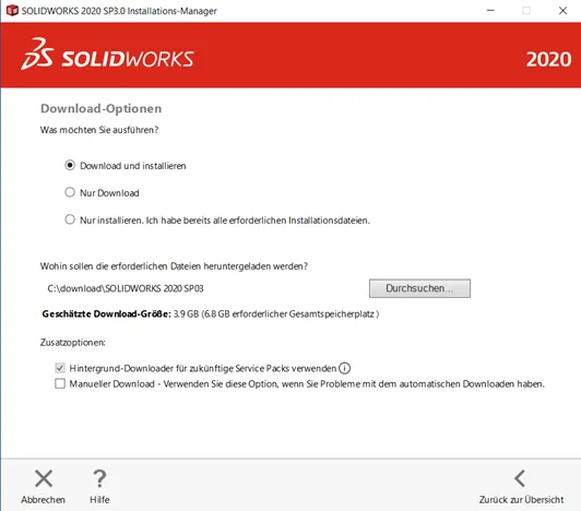Auswahl von Download- und Installationsoptionen für die SOLIDWORKS Privatlizenz