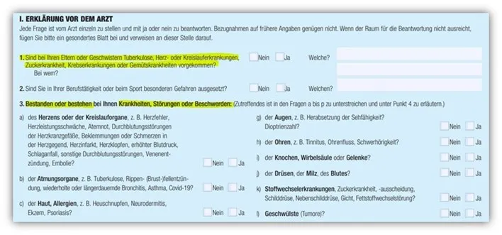 Auszug aus den Gesundheitsfragen des ärztlichen Zeugnisses der Hannoverschen Risikolebensversicherung
