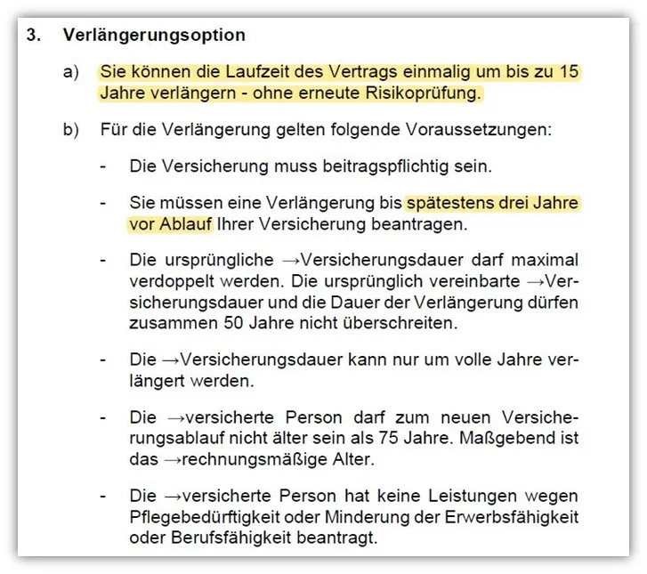 Auszug aus den Versicherungsbedingungen der LV1871 zur Risikolebensversicherung Verlängerungsoption ohne erneute Gesundheitsprüfung